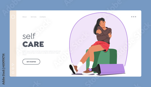 Self Care Landing Page Template. Sitting Woman Surrounded By Circle, Creating A Sense Of Unity And Connection