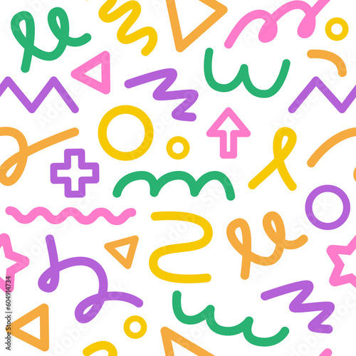 Colorful doodle and scribble shapes. Modern abstract childish minimalist seamless pattern. Memphis and 90s inspired background, digital paper. Retro nostalgia. Line art.
