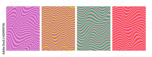 Set of modern wavy lines abstract backgrounds. Optical modern art. Psychedelic illusion, swirls, waves. Hypnotic surreal abstract covers, posters, cards. Vector illustration.