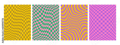 Set of modern checkered abstract backgrounds. Chess board optical modern art. Psychedelic illusion, swirls. Hippie groovy abstract covers, posters, cards. Vector illustration.