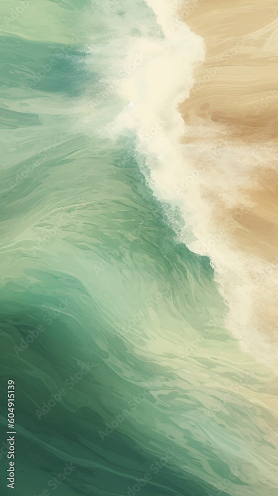 An oil painting about the beach and ocean, using white and green. AI generative