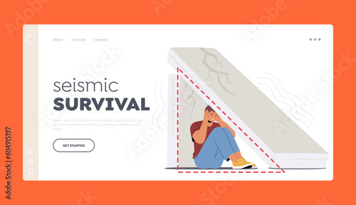 Seismic Survival Landing Page Template. Fearful Man Hiding Under Concrete Slab For Safety During Earthquake