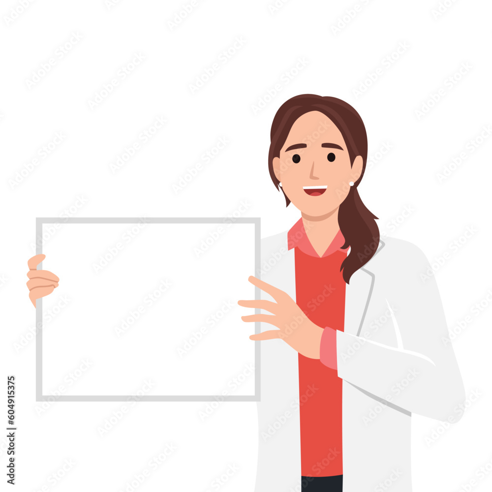 Doctor holding blank board in his hands. Masked doctor female personage presenting sign. Doctor holding blank board in his hands. Masked doctor female personage presenting sign.