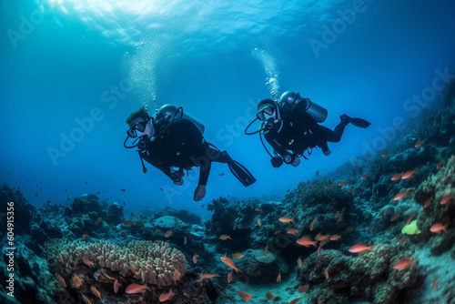 Couple of scuba divers looking at camera underwater, Beautiful coral reef with many fish on background