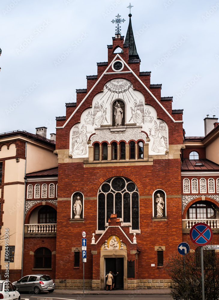 Krakow, Poland, March 29, 2015: Facade of the Church of the Sacred Heart of Jesus in Krakow - Sercanki (ul. Garncarska)