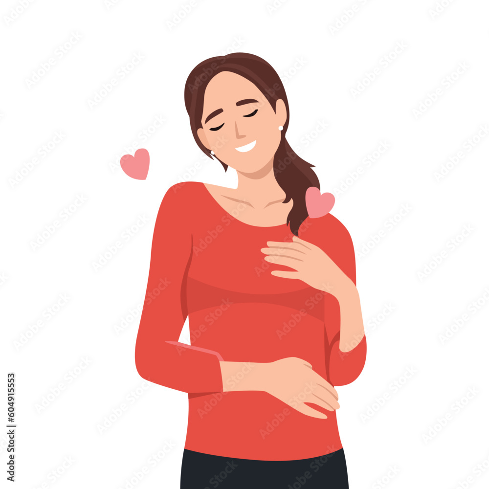 Love yourself. Love your body concept. Girl Healthcare Skincare. Take time for your self. Vector illustration. Woman hugging herself with hearts Love yourself. Love your body concept. Girl Healthcare Skincare. Take time for your self. Vector illustration. Woman hugging herself with hearts