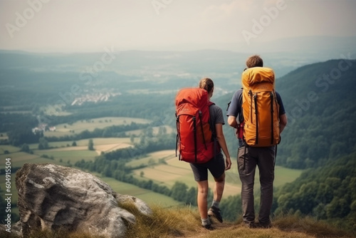 Couple of Hikers With Backpacks in Front of Landscape Valley View on Top of a Mountain rear view