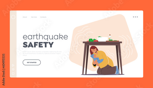 Earthquake Safety Landing Page Template. Woman With Newborn Baby Seeks Shelter Under Table, Cartoon Vector Illustration
