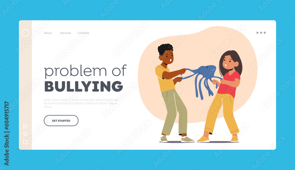 Problem of Bullying Landing Page Template. Boy And Girl Characters Tug Toy, Unable To Share, Unwilling To Compromise
