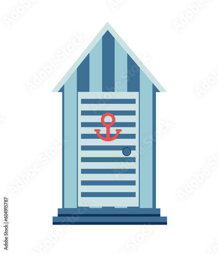 A colorful beach hut with an anchor on the door. Illustration in a flat style