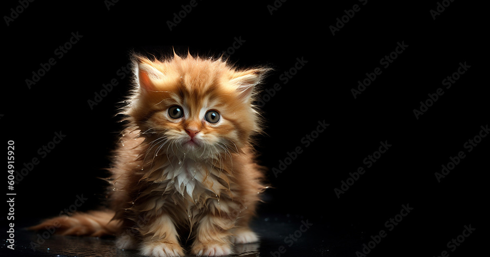 Cute fluffy kitten on a black background with copy space, adorable cat looking at camera, pet,animals,baby concept