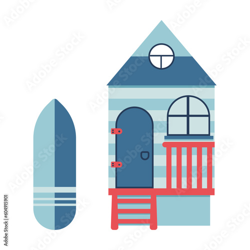 Illustration with beach houses by the sea. Rest on the sea.Vector illustration