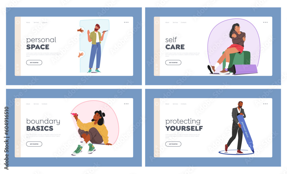 Personal Space Landing Page Template Set. Characters Drawing Boundary That Defines One's Physical And Emotional Comfort