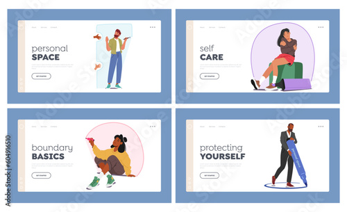 Personal Space Landing Page Template Set. Characters Drawing Boundary That Defines One's Physical And Emotional Comfort