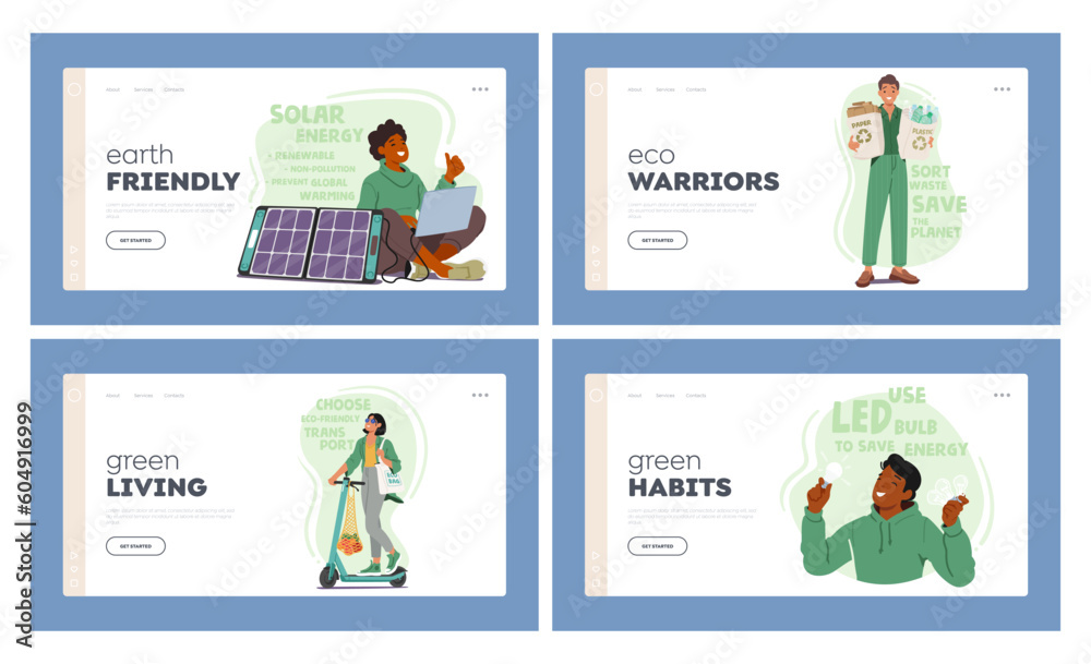 Eco-friendly People Landing Page Template Set. Environmentally Conscious Characters Dedicated To Sustainability