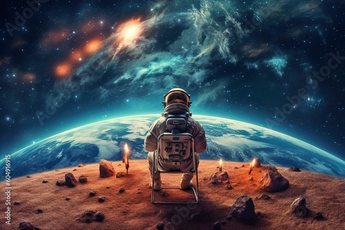 Cosmic Perspective: Astronaut Sitting in Chair Observing Earth - AI Generative