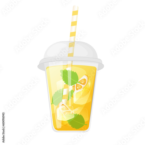 Lemonade in a plastic cup. Take away  summer drink vector illustration.