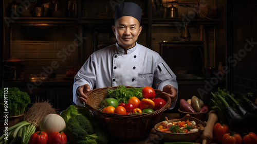 Chinese male in chef clothes looking at camera while standing with basket of fresh vegetables and working in dark kitchen with utensils, Generative AI