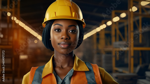 Confident black female builder looking at camera, Generative AI