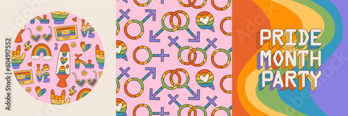 Set of retro greeting cards for LGBTQIA Pride Month and pattern background. Social media post in groovy queer retro style. LGBT rainbow flag colors, Pride minth party words. Vector eps10