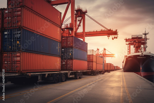 Container loading in a Cargo freight ship with industrial crane, Container ship in import and export business logistic company, Industry and Transportation concept,