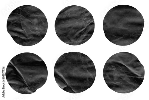 Set of round black paper stickers mock up blank tags labels, isolated on transparent background top view