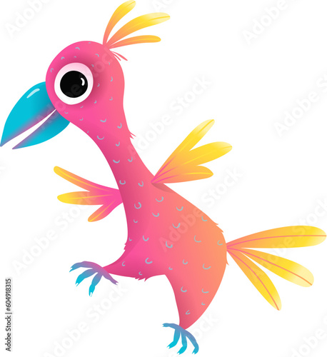 Cute bird funny dancing and celebrating. Birdie for children, hilarious pink bird character cartoon. Vector illustration clip art for kids with cute animal, isolated on white.