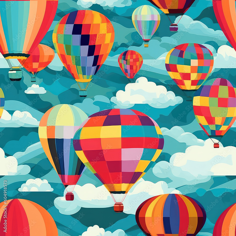 Obraz premium Hot air balloons and clouds seamless repeat pattern - fantasy colorful cubism, abstract art, trippy psychedelic [Generative AI] 