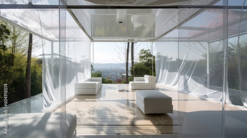 White transparent house with huge windows and space, relax place, living room terrace. Generative AI Technology