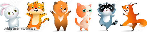 Cute Happy animals funny party collection for kids. Tiger, bear and cat, funny raccoon and squirrel. Holiday dancing and laughing. Vector clipart bundle for children with cute animals.