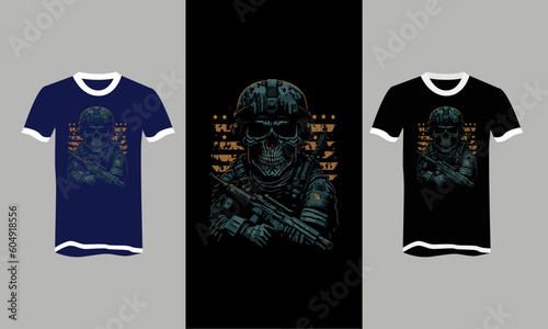 head skull army with american flag t-shirt vector design