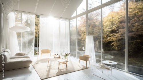 White transparent house with huge windows and space, relax place, living room terrace. Generative AI Technology