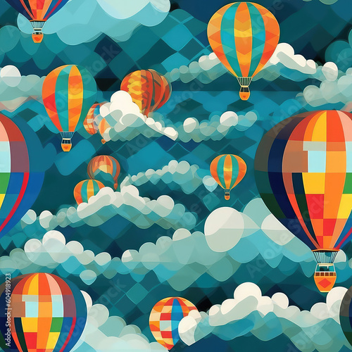 Hot air balloons and clouds seamless repeat pattern - fantasy colorful cubism, abstract art, trippy psychedelic [Generative AI] 