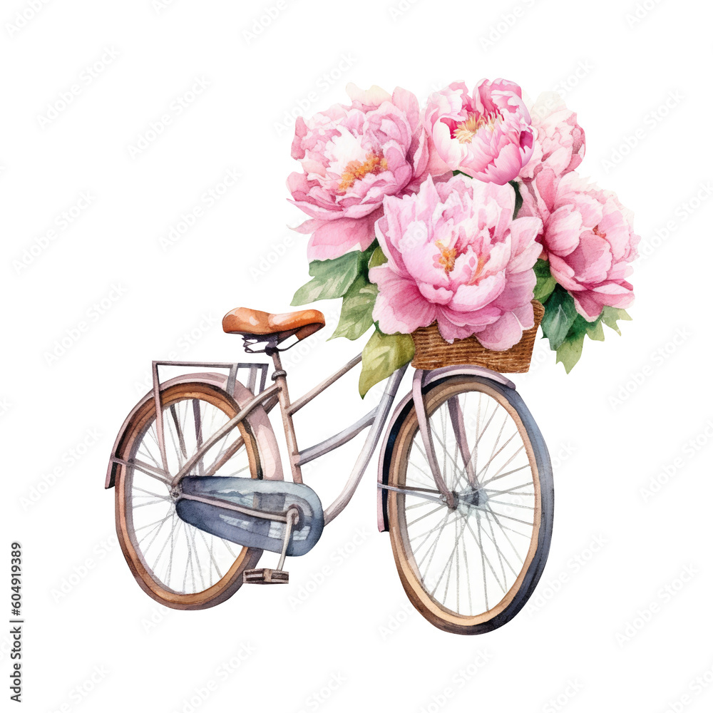 Watercolor bicycle with peonies, summer floral blossom, Generative AI, png image.