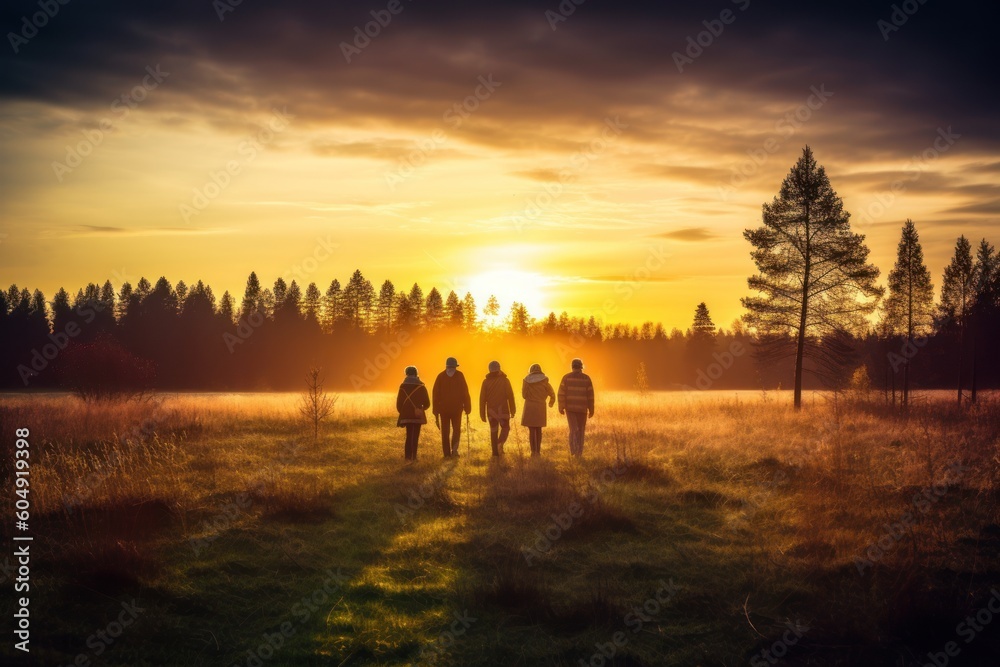 An elderly group of people enjoying a serene autumn sunset over the horizon . Generative AI illustration.