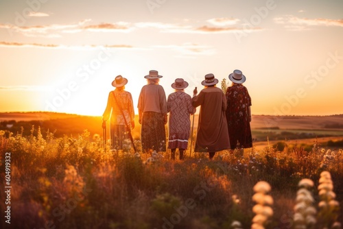 Elderly individuals admiring the picturesque sunset sky during an evening walk. Generative AI illustration.