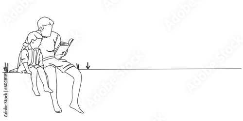 Fathers day line art vector illustration, father and son line art illustration