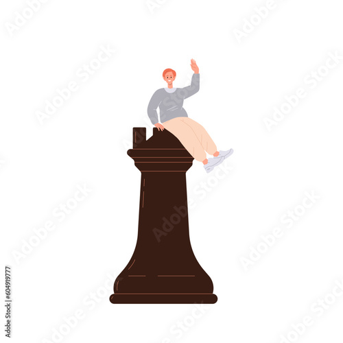 Happy young man tiny cartoon character sitting on huge chess rook isolated on white background