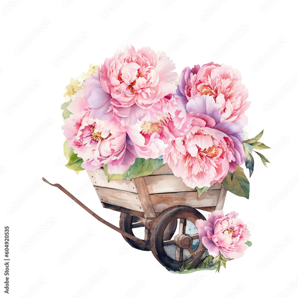Watercolor Peony floral wheelbarrow, summer floral blossom, Generative AI, png image.