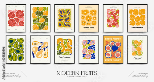 Abstract fruits posters template. Modern trendy Matisse minimal style. Exotic Healthy Food. Hand drawn design for wallpaper, wall decor, print, postcard, cover, template, banner.