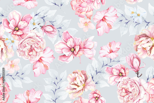 Seamless pattern of rose and Blooming flowers with watercolor on pastel background.Designed for fabric luxurious and wallpaper  vintage style.Floral pattern illustration.Botany garden.