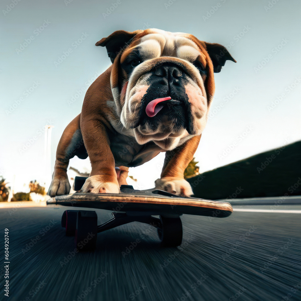  a bulldog riding a skateboard - Generative AI.