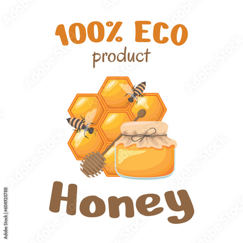 Vintage honey label design elements. Vector logo or emblem with honeybee and honeycombs. Color bee isolated on white background. Concept for organic honey products, package and tag design.