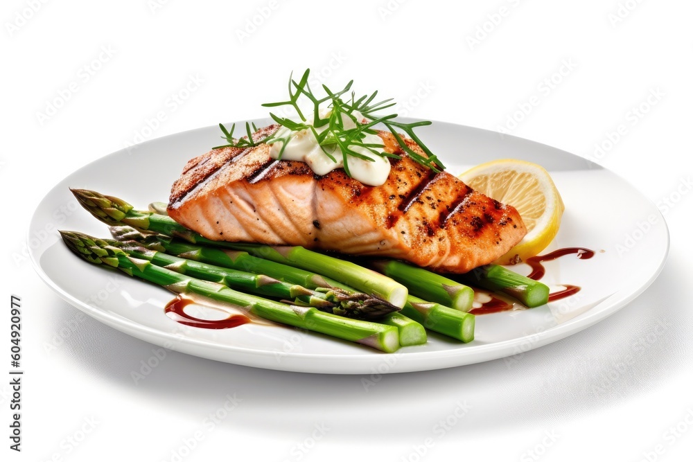 Delicious Plate of Grilled Salmon and Asparagus on a White Background Generative AI Delicious Plate of Grilled Salmon and Asparagus on a White Background Generative AI
