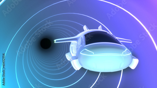 Sci-fi car flying in futuristic neon light tunnel. Abstract Future transportation concept. Cyber punk purple blue colors. 3D render.