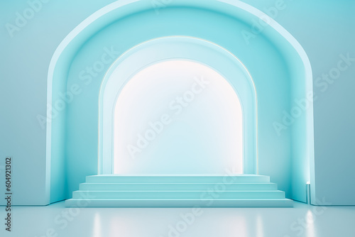 Turquoise Display mock up 3D luxury stage with LED light and simple shape decoration around it. generative AI