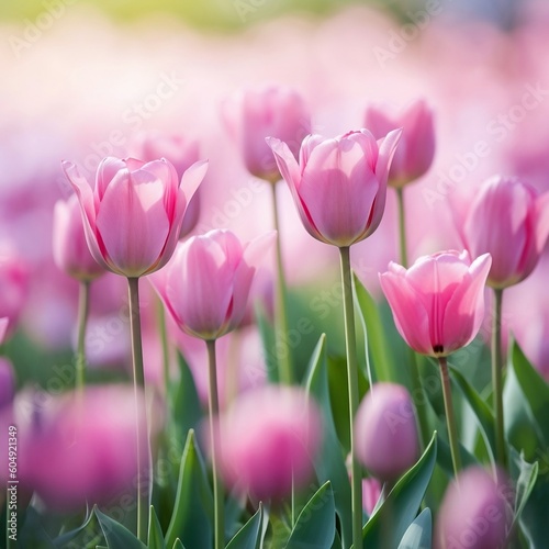 Close Up of Pink Tulips in a Spring Meadow. Generative AI