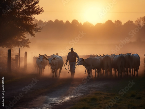 A farmer herding a group of cows back to the barn at sunset. Generative ai