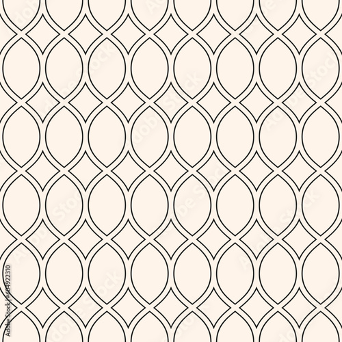 Vector seamless pattern in oriental style. Simple minimal black and white geometric texture. Monochrome illustration of mesh, lattice, wavy grid, tissue. Endless abstract background. Repeat design
