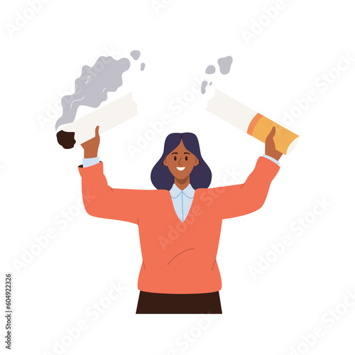Happy smiling young woman cartoon character rejoicing to break cigarette smoking vector illustration